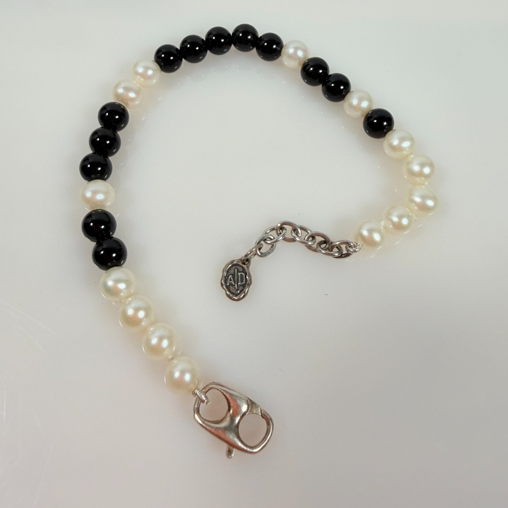 Vintage Pearl & Onyx Bracelet Sterling Clasp Anchor & Dove A/D Designer Y2K